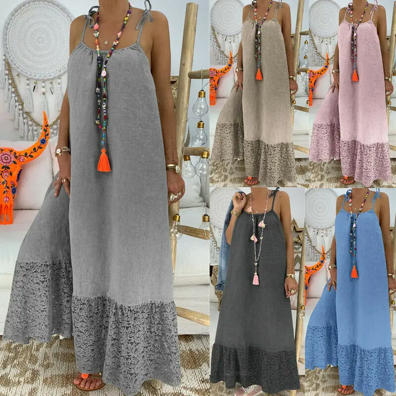 

5 Colors Women’s Spaghetti Sleeveless Summer Dress Female Beach Boho Hem Baggy Kaftan Long Dresses Ladies Stylish Outfits