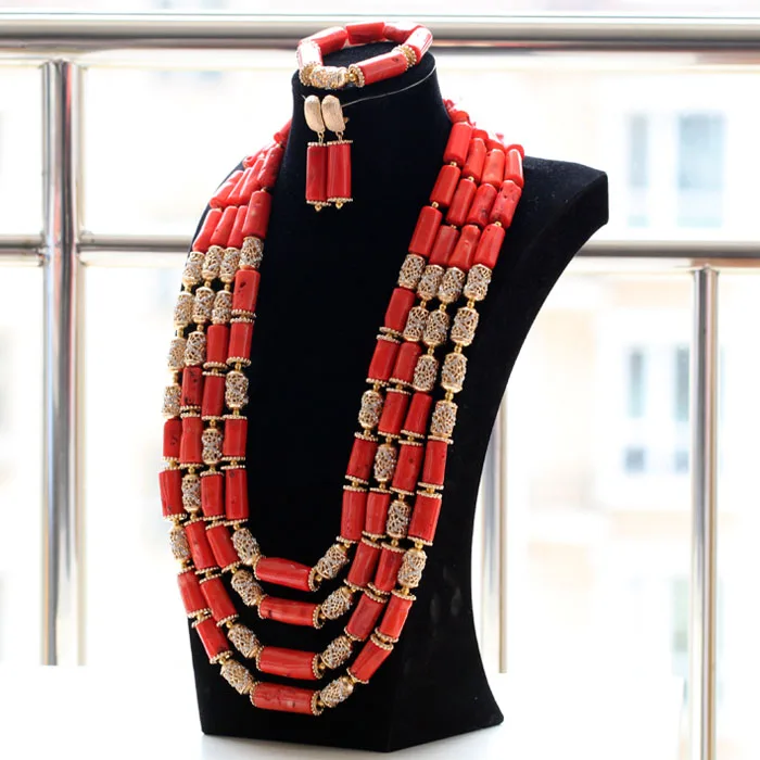 2017 New Luxury 4 Layers Original Traditional African Coral Beads Necklace Jewelry Set Long Real Coral Beads Free ShippingABH496