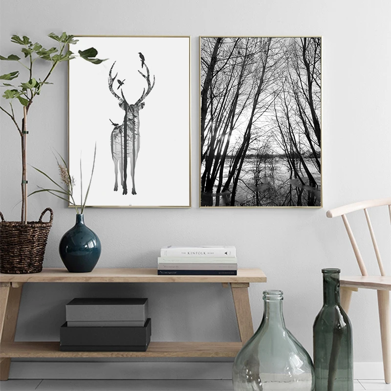 

Modern Prints HD Wall Art Nordic Abstract Forest Deer Canvas Painting Modular Poster Pictures Bedside Background Home Decor Pop