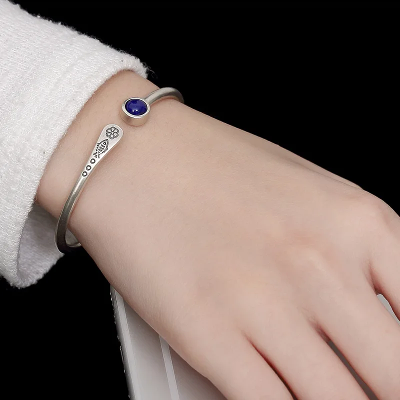 Goede Echt 925 Sterling Zilveren Vrouwen Manchet Armbanden Bangle Vis Gegraveerd Natuurlijke Lapis Ingelegd Tibetaanse Boeddhisme Sieraden