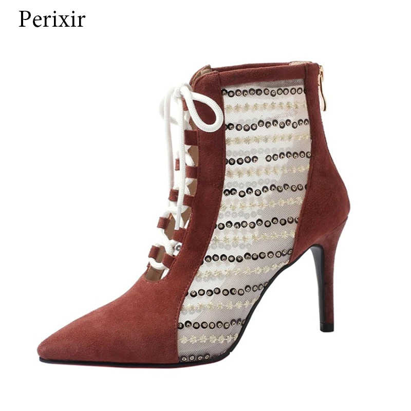 

Perixir Luxury Brand Summer Ankle Boots Genuine Leather Women Shoes Europe Wind Sexy Fine Heels Shoes Elegant Dress Shoes Femme