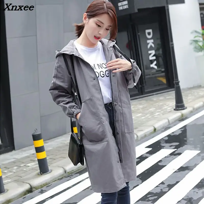 

2018 Autumn New Fashion Woman Trench Coat Long Slim Casual Waterproof Raincoat Hooded Outerwear Plus Size Xnxee