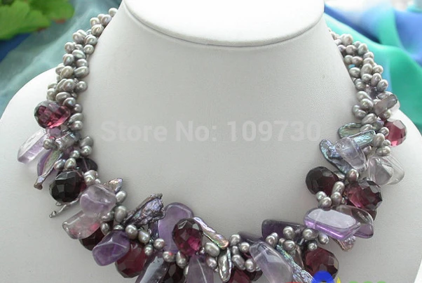 

Jewelr 003356 3ROW GRAY RICE FRESHWATER PEARL massive amethyst drip NECKLACE