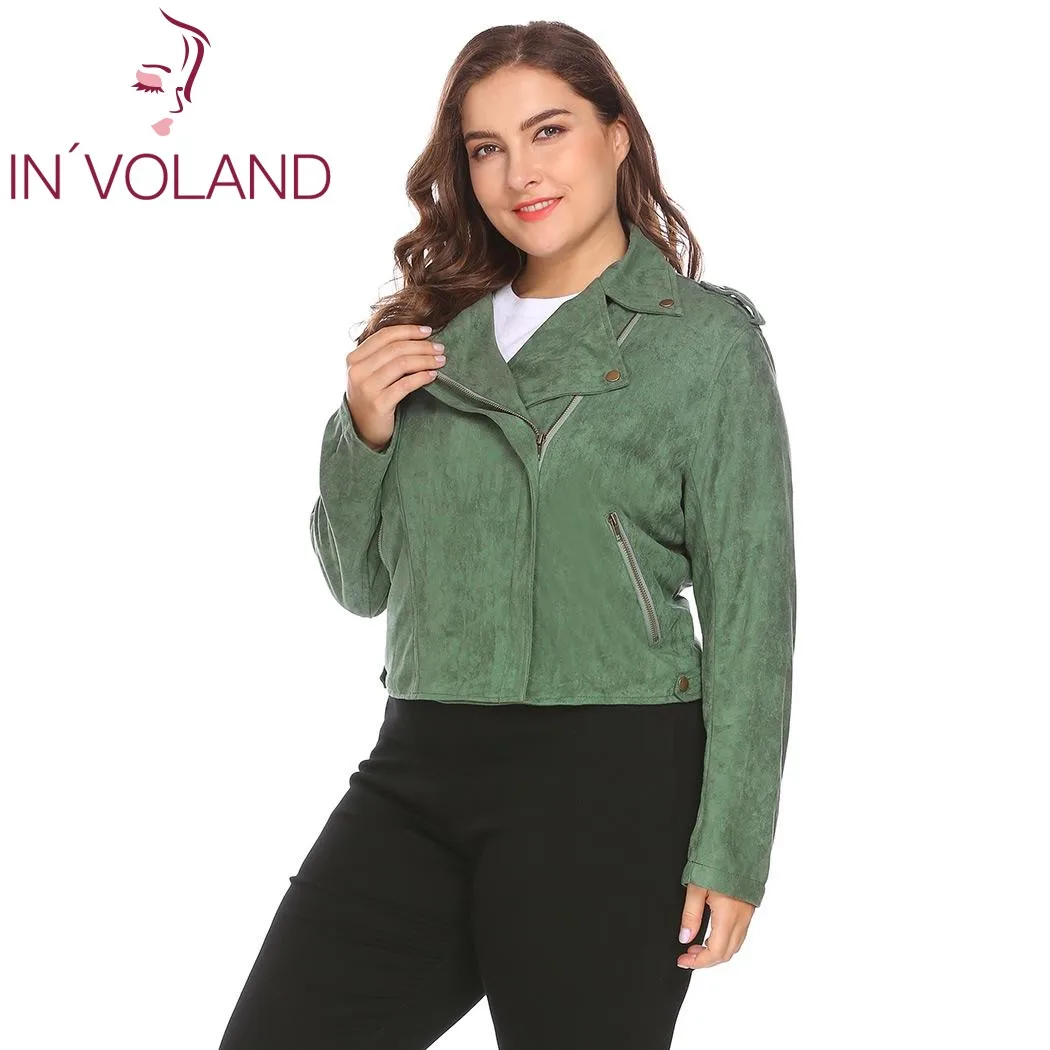 

IN'VOLAND Plus Size XL-5XL Women Short Jacket Coat Faux Suede Motorcycle Zip Up Solid Cropped Bomber Outwear Top Casaco Big Size