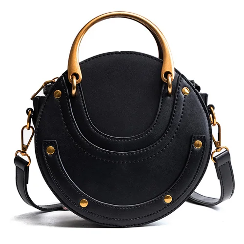 SWDF женская сумка модная круговая кожаная Ретро брендовая Сумочка с металлическим кольцом для девушек маленькая круглая дамская сумка через плечо - Цвет: Black