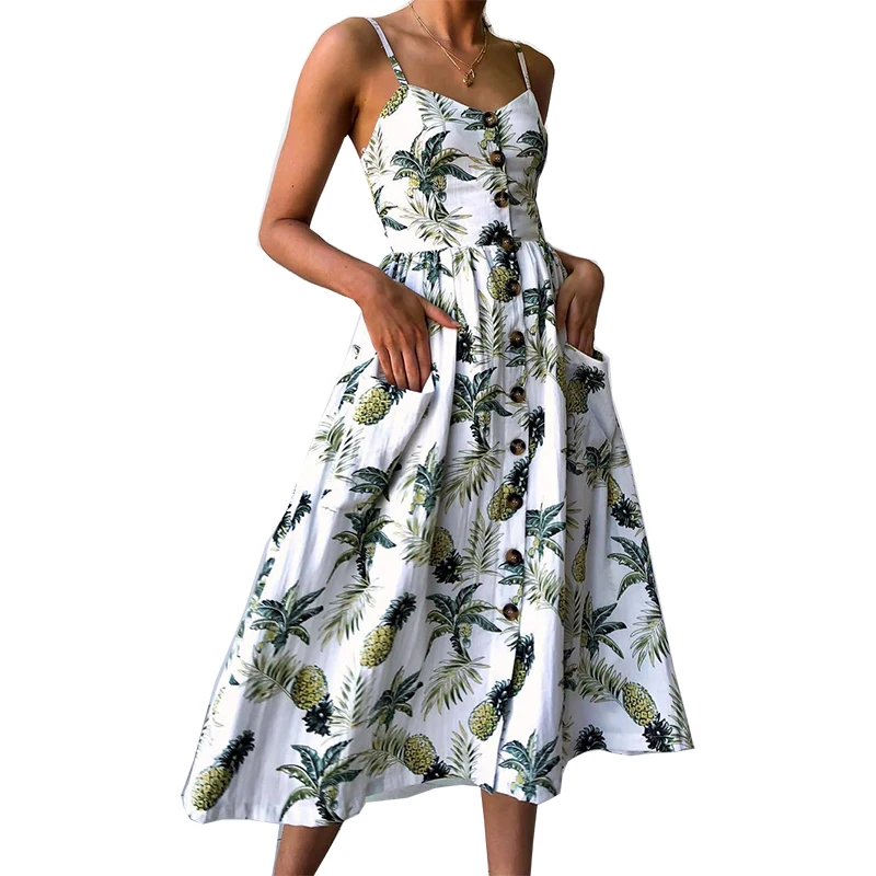 

Women summer dress 2019 new Sunflower Pineapple Printed Halter Buttons sling Sexy mid-calf Dresses vestidos de festa OYM0665