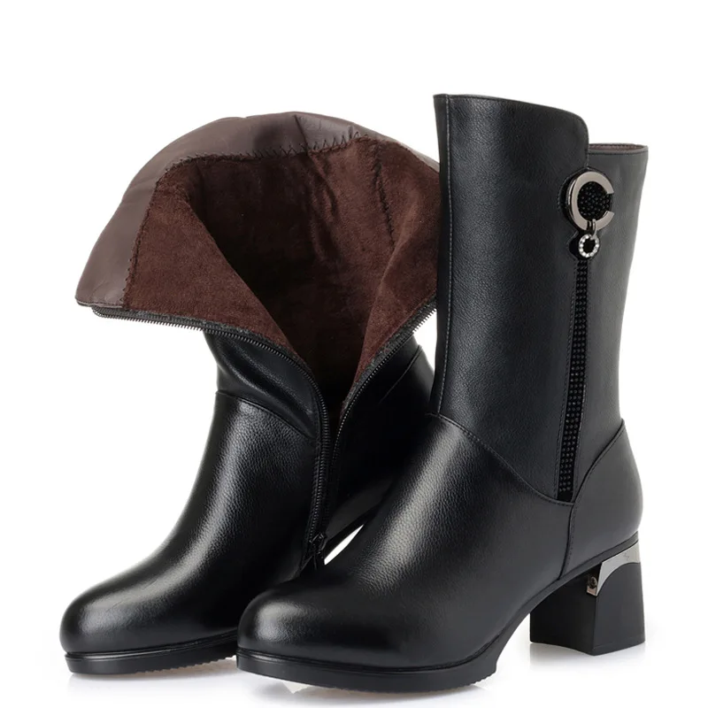 

Women's Boots Winter Shoes warm plush Genuine Leather Shoes Round toe zip Ladies mid-calf Boots Female 6cm heels Footwear 2019