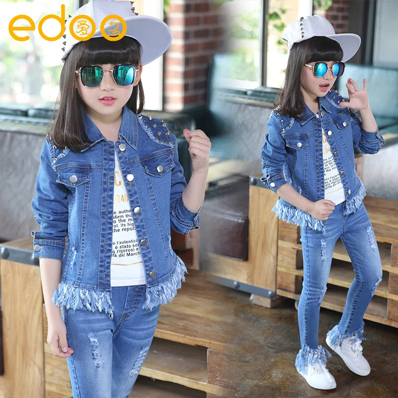 

New Suit Children 2017 Girls Wear Autumn Child Cowboy Two Piece Suit Korean Children Set