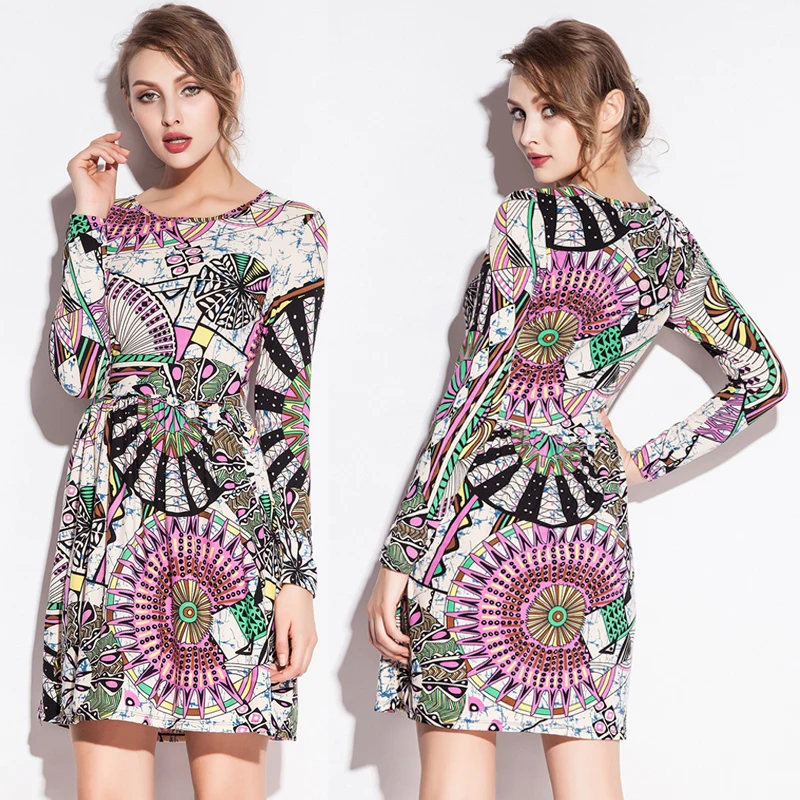 

Hot Sale 2018 Fashion Print O Neck Models Waist Wrinkle One Piece Stretch Cotton Dress S.M.L.XL.XXL