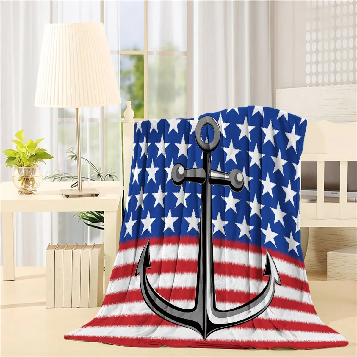 Blanket American Flag Black Ship Anchor Print Modern Home Art Prints