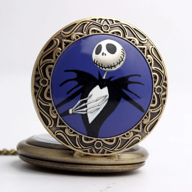 

Vintage The Nightmare Before Christmas Necklace Quartz Pocket Watch Chain Jack Skellington Bronze Watch Halloween Christmas Gift