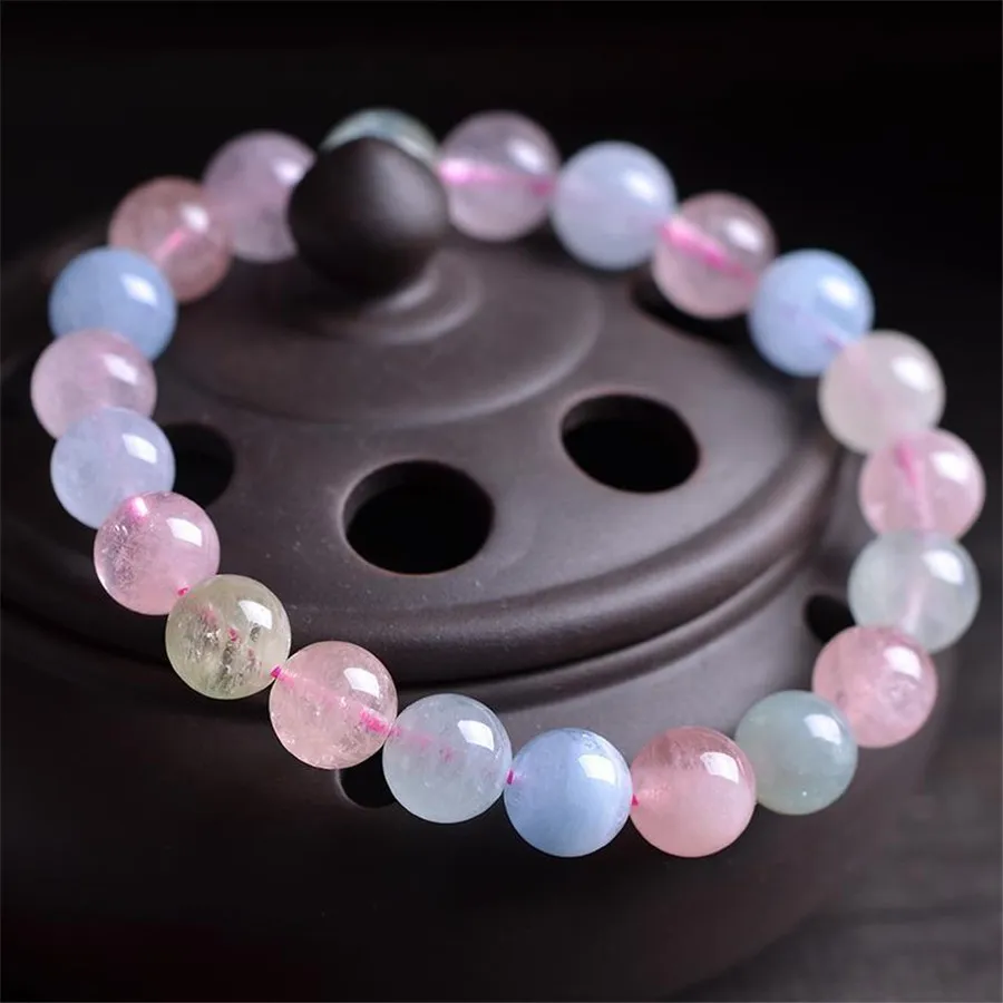 

9mm Genuine Colorful Natural Morganite Bracelets For Women Crystal Clear Stretch Round Bead Bracelet AAAAA Wholesales
