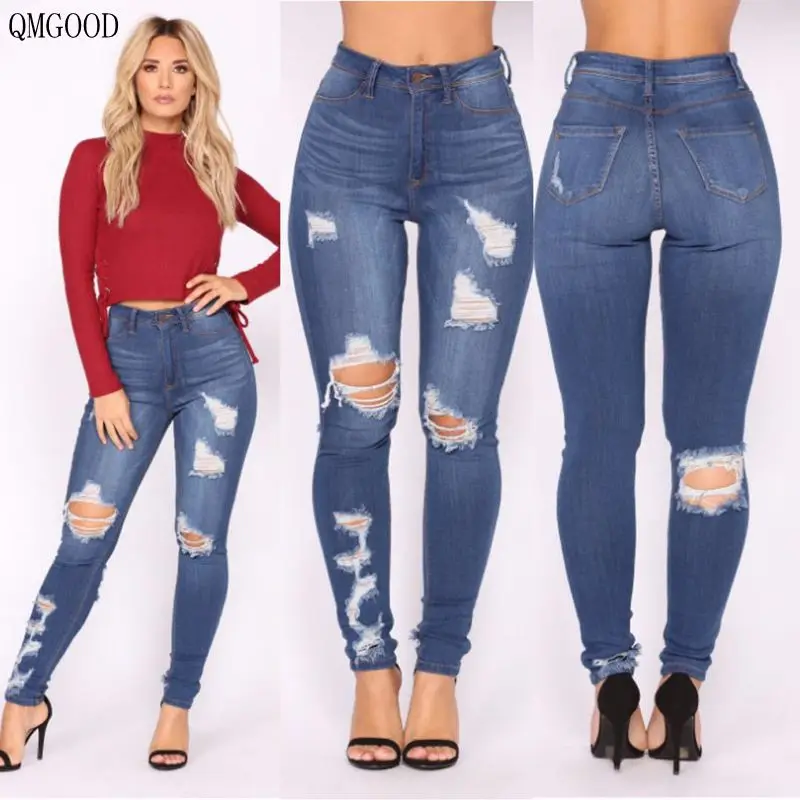 QMGOOD 2018 vaqueros rasgados a la moda para mujer Vaqueros elásticos rasgados cintura alta Sexy de grande para mujer pantalones|Pantalones vaqueros| - AliExpress