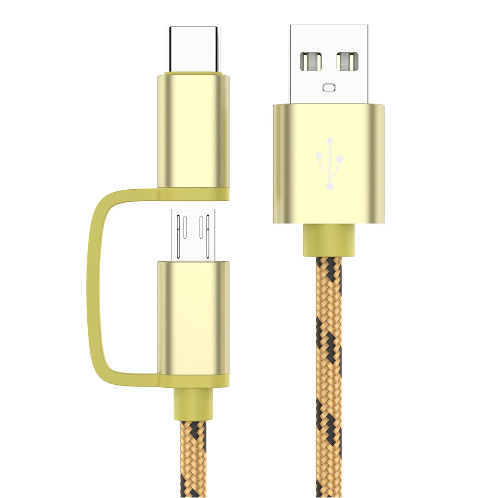 2 в 1 USB кабель type C для быстрой зарядки телефона для samsung S8 S9 Micro USB Двойная зарядка USB C зарядный кабель для Redmi note 7 - Цвет: Gold