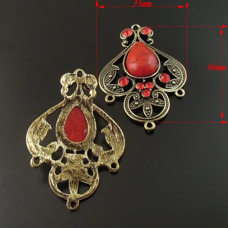 도매 4pcs 골동품 청동 합금 빨간색 모조 돌 매력 펜던트 쥬얼리 결과 커넥터 46*35*8mm 목걸이에 대한