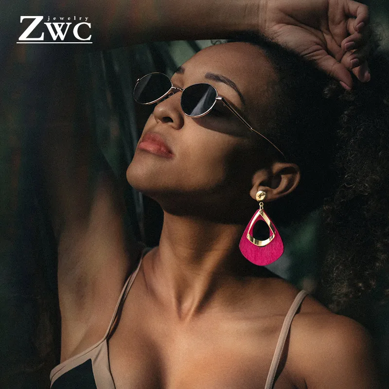 

ZWC Vintage Fashion Water Droplets Wooden Drop Earrings for Women Wedding Temperament Simple Square Metal Earrings Jewelry Gifts