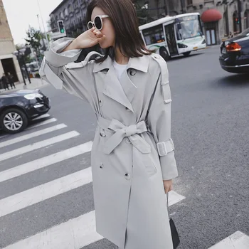 

Spring Long Windbreakers Womens 2019 Korean New Trench Coats Womens Casual Loose Coat Ladies Solid Double-breasted Overcoat Belt