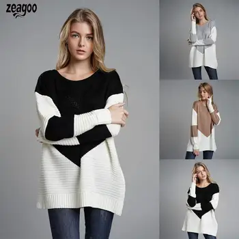 

Women Casual O-Neck Long Sleeve Patchwork Loose Pullover Sweater Autumn, Winter Contrast Color
