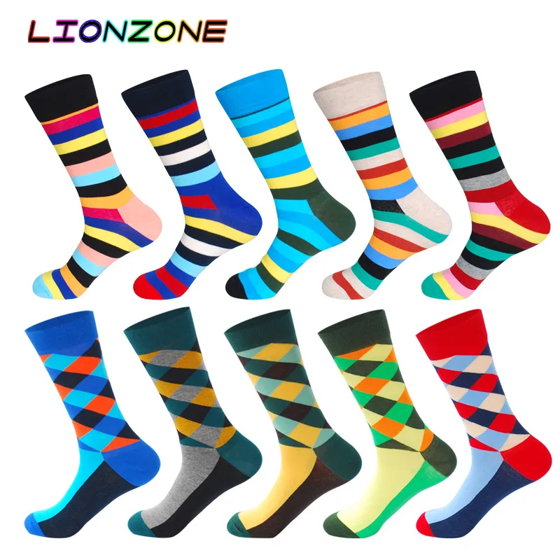 LIONZONE 10 пар/лот дизайн высокого качества хлопок креативный красочный бренд повседневные мужские длинные Веселые носки забавная Подарочная коробка+ Бесплатный подарок - Цвет: Mix6