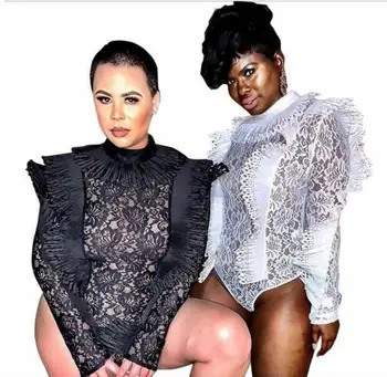 

Fashion 2 Colors See Through Floral Lace Long Sleeve Slim Bodysuit Bar Costume Women Singer Dance Outfit Women's Outfit