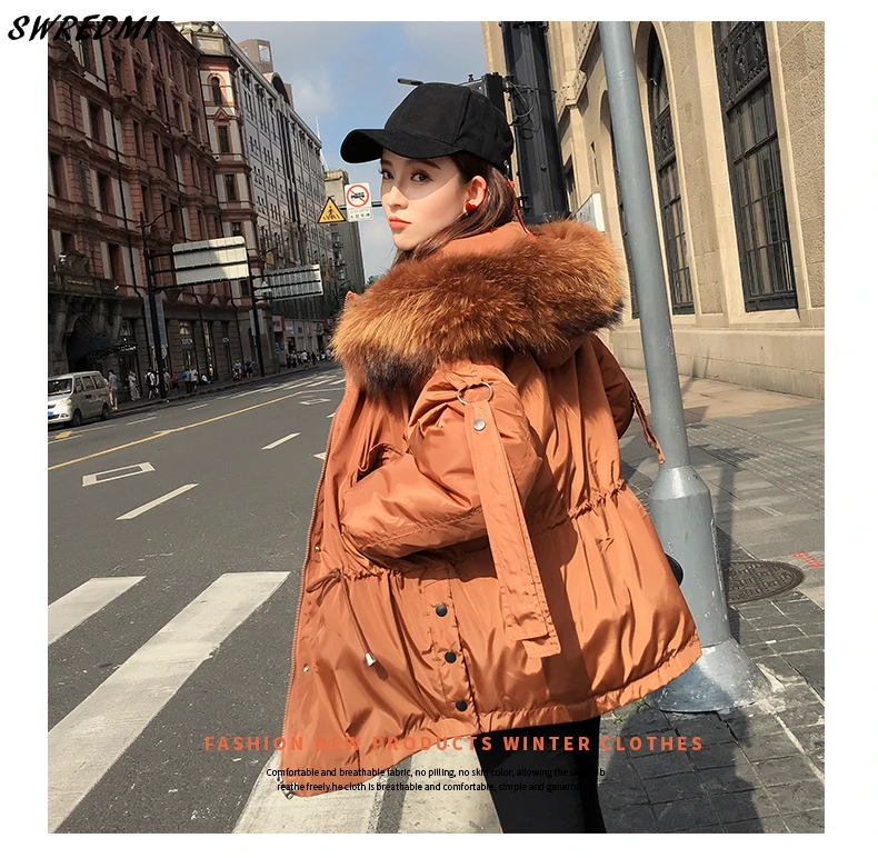 SWREDMI Women Winter Short Jacket Female Hooded Parkas Loose Cotton Padded Coat Mujer Thick Warm Slim Jacket Fur Collar