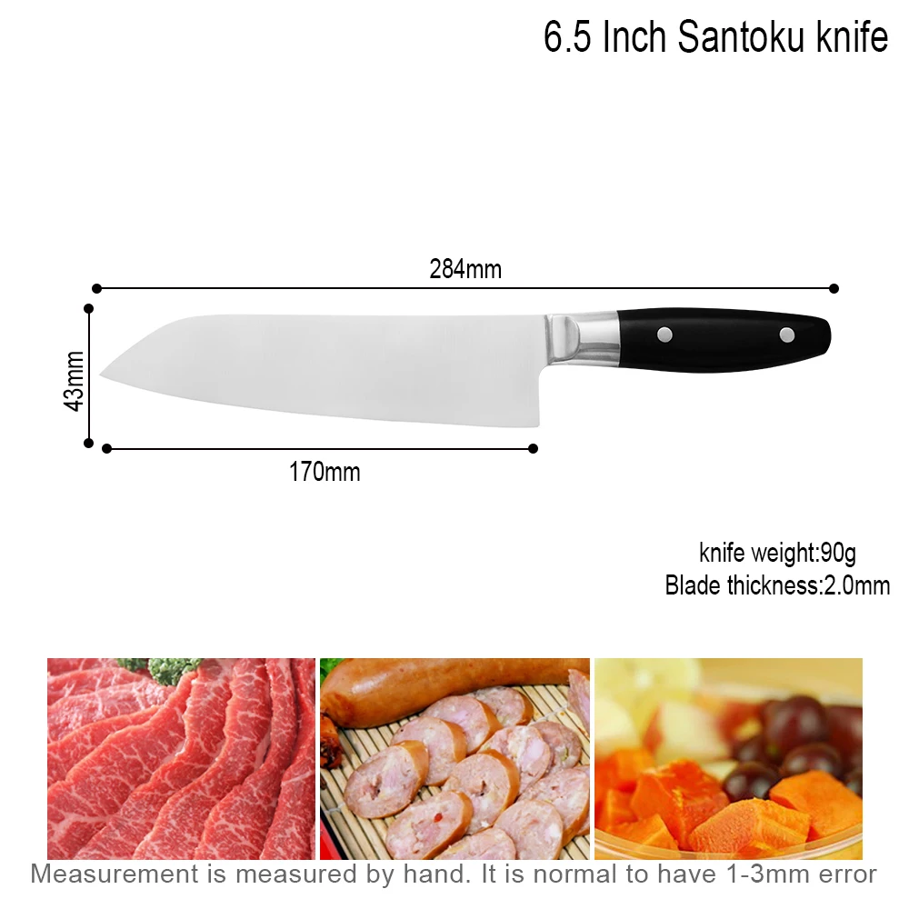 6,5 дюймовый нож Santoku из нержавеющей стали с острым лезвием, нескользящая черная ручка, нож для мяса, рыбы, суши, для отеля, кемпинга, кухонные инструменты