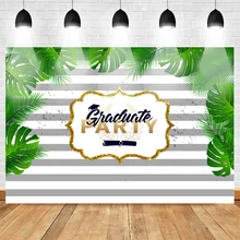 Neoback Graduate Party Photo Background Celebration Graduation Backdrop for Students Gray and White Stripes Leaves Gold Studio