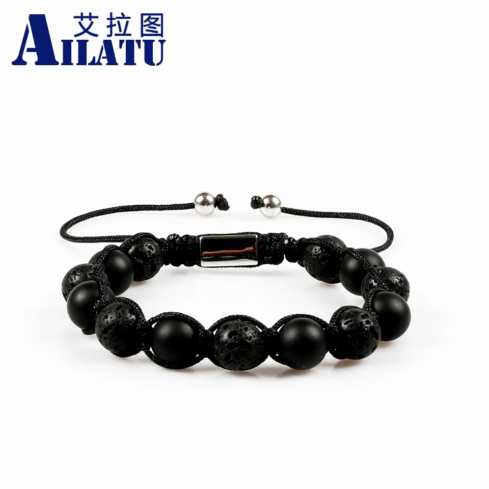 Ailatu мощный 10 мм черный матовый оникс Камень Бисер с лавой камень подходит для мужчин подарки плетение макраме браслет