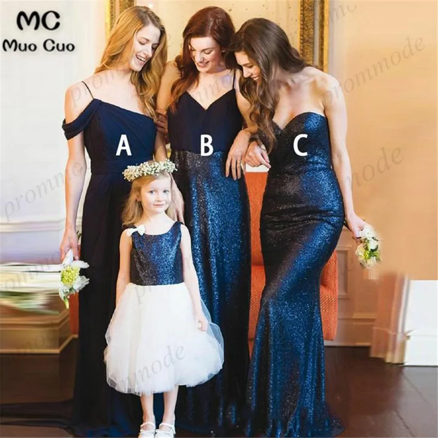 Cheap Spaghetti Straps Dark Blue Sequin Long Bridesmaid Dresses,Wedding Party Gowns