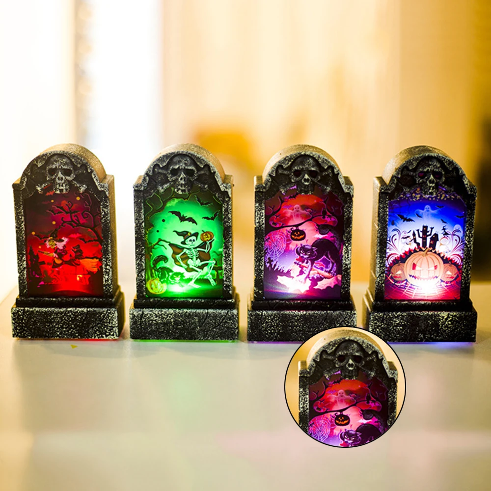 

Halloween Decor Luminous Scary Tombstone Design Vintage Night Light Pumpkin,Skull,Witch and Curious Cat Lamp Party Decoration
