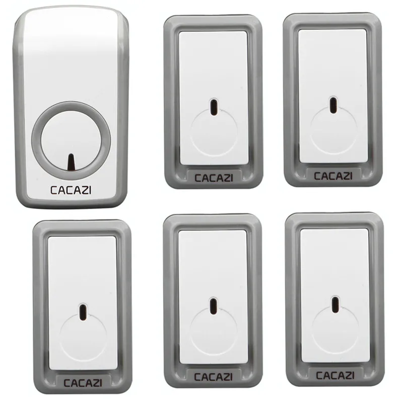

CACAZI wireless doorbell 5 waterproof buttons+1 AC 110-220V plug-in receiver door bell 48 chimes 6 volume adjustable door ring