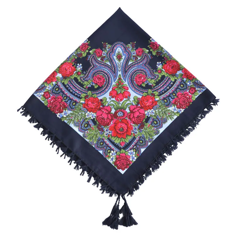 Модный женский шарф, русский стиль, шаль, винтажный цветочный принт, кисточка, шаль, цветной платок "Богемия", квадратная Кепка, 90*90 см - Цвет: navy