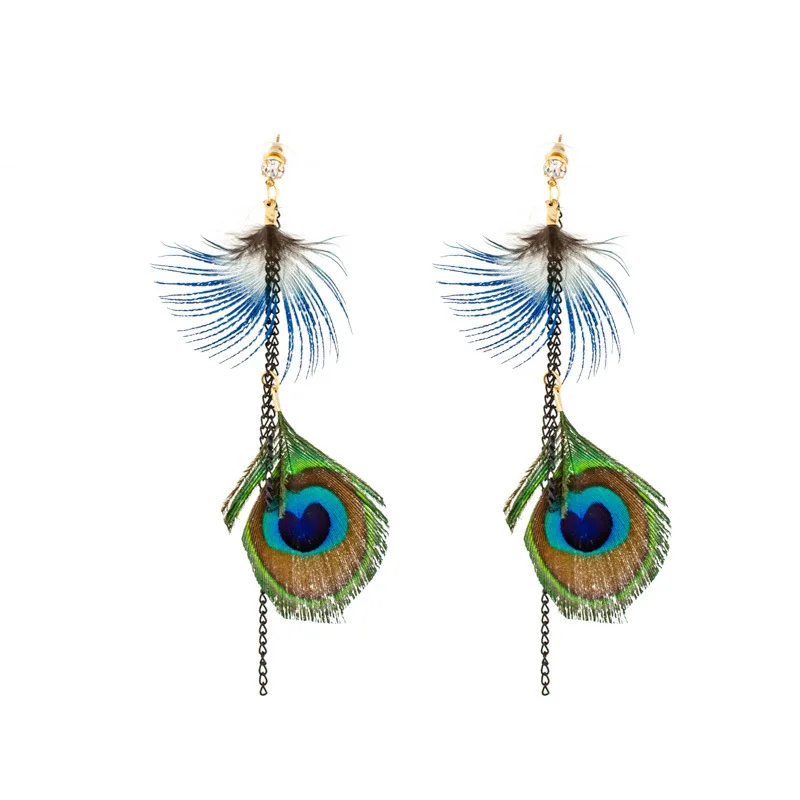 

European and American Retro Peacock Feather Tassel Earrings Simple Bohemian Long Earrings Trendy Earrings