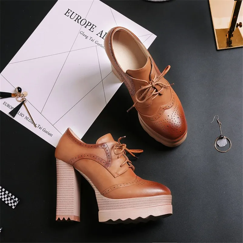 2019 Spring Fashion Women Pumps Platform Heels Rubber Black Lady Casual Brogue Shoes Leather Lacing High Heels Footwear Big Size (15)