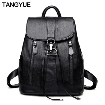 

TANGYUE Women's Backpack Female Leather School Bags Black Casual PU Mochila Women Feminine Backpacks for Girls Teenager Rucksack