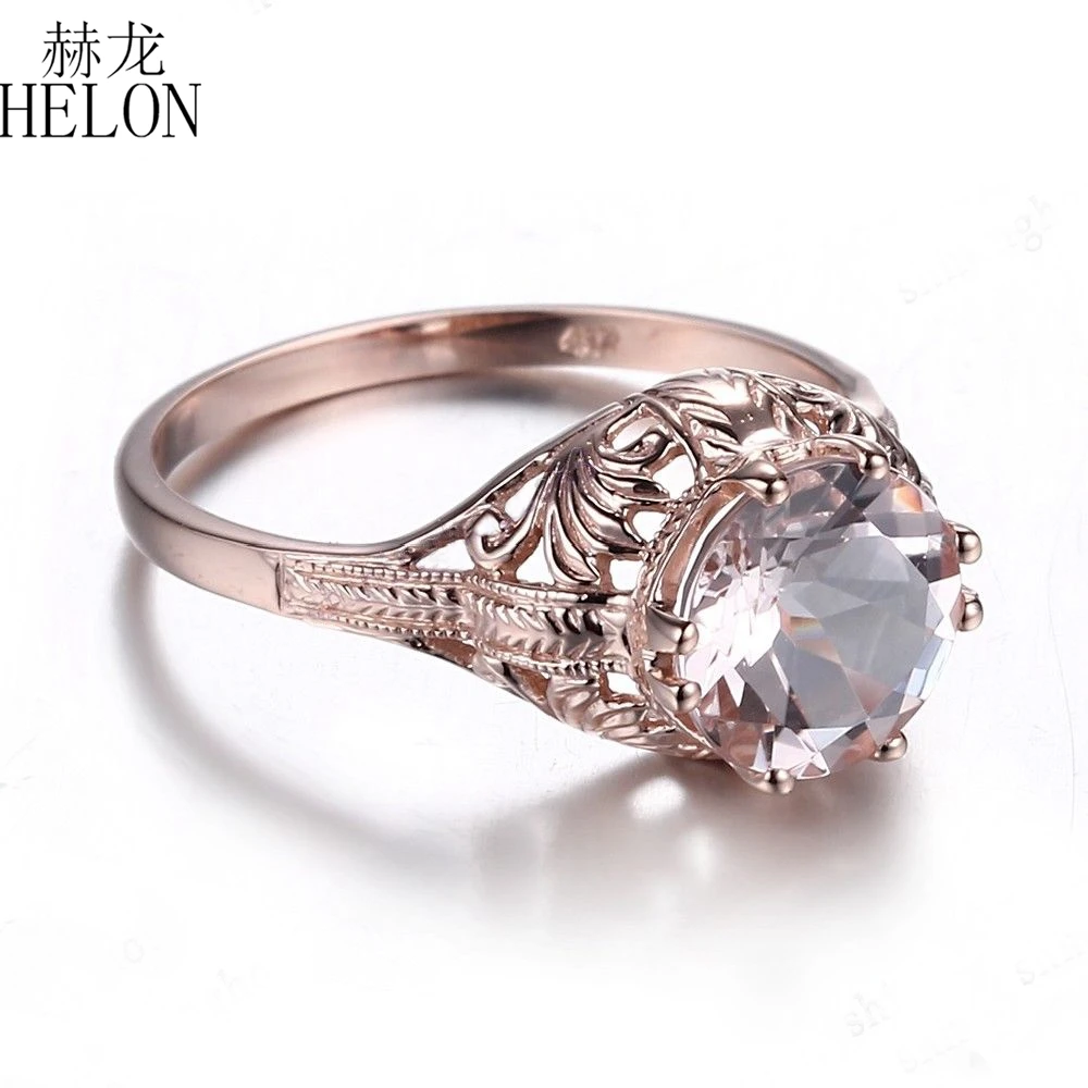 HELON Flawless 8mm Round Pink Morganite Ring Solid 14K Rose Gold Wedding Gemstone Ring Vintage Style Engagement Art Deco Ring