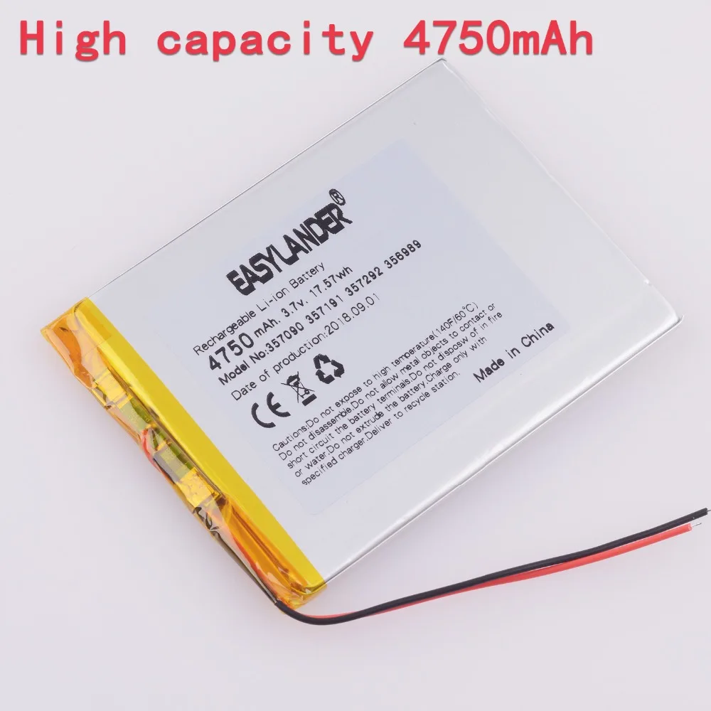 357090 3,7 V 4750mAh перезаряжаемый литий-полимерный аккумулятор для планшетных ПК cube U25GT U51GT talk7x 4G N12 N10 Suo Lixin S18 Talk 7x