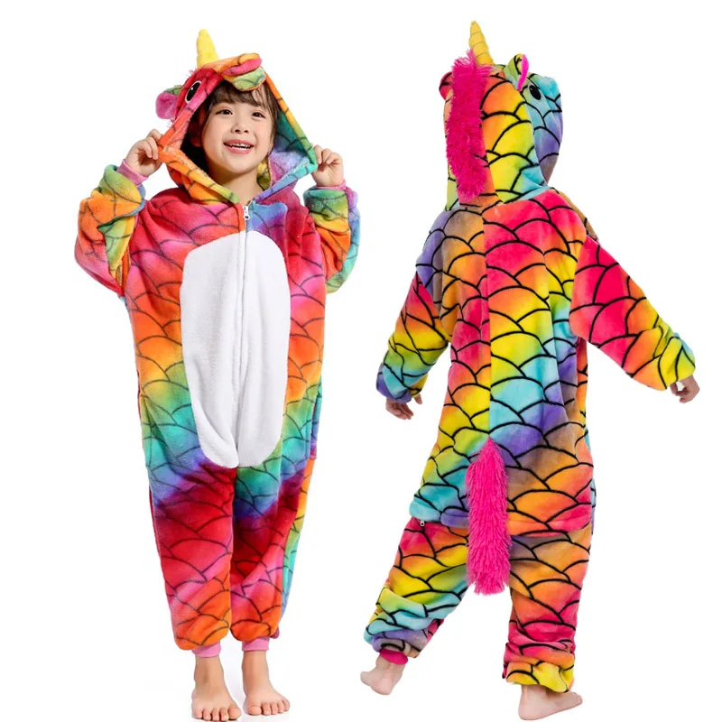 Kids Animal Pajamas Set Winter Warm Boys Girls Starry Pegasus Unicorn Cosplay Children Sleepwear Onesie Flannel Pyjamas 4-12Year