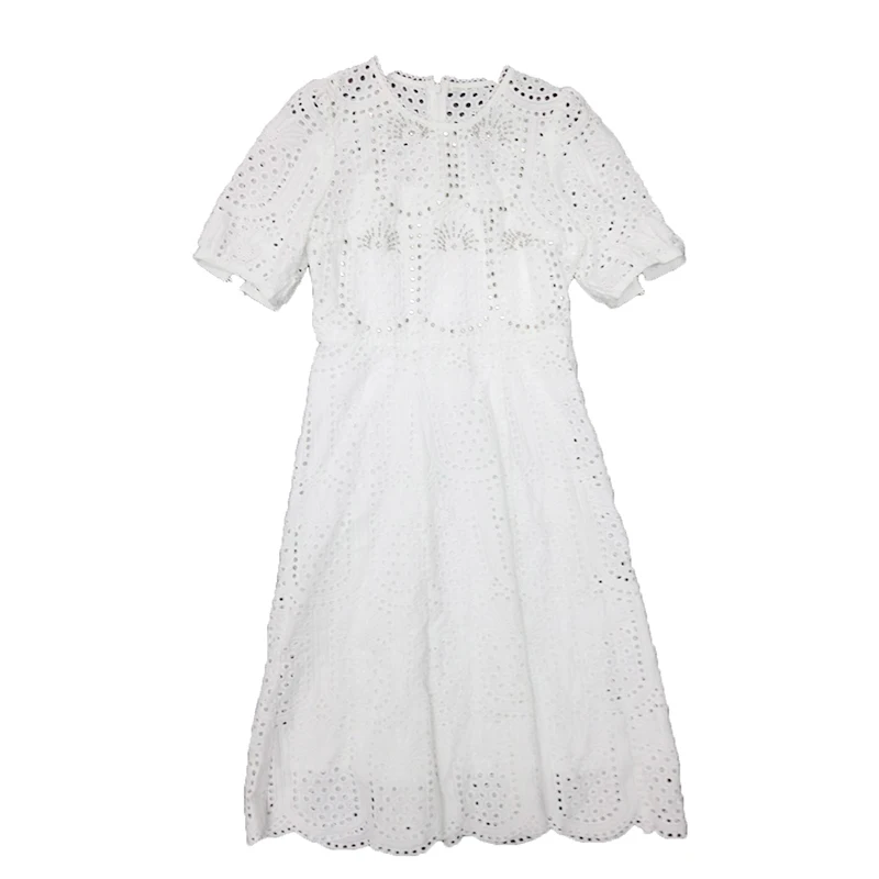 Бежевый MIUXIMAO Новое модное летнее платье для подиума женское ретро с коротким рукавом Цветочная вышивка Белое винтажное платье Женское vestidos - Цвет: Бежевый