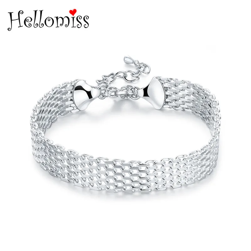 Широкие сетчатые браслеты для женщин 7 дюймов 925 серебряный браслет модный бренд ювелирных изделий классический дизайн браслет женщина Pulseira Feminino