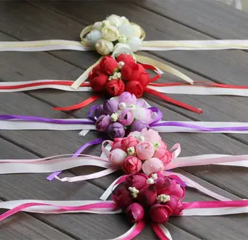 

20Pcs Wedding Bride Girl Bridesmaid Floral Hand Wrist Corsage Adjustable Ribbon Rose Bracelets Ceremony Party Prom Flower Decor