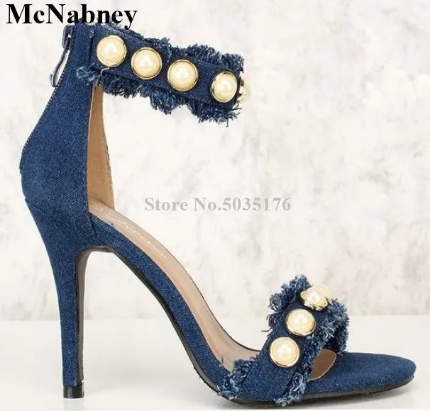 

McNabney Sweet Women Sandals Denim Pearl Ankle Strap Zipper Stiletto Heel Peep Toe Summer Sandals Fashion Blue New Women Shoes