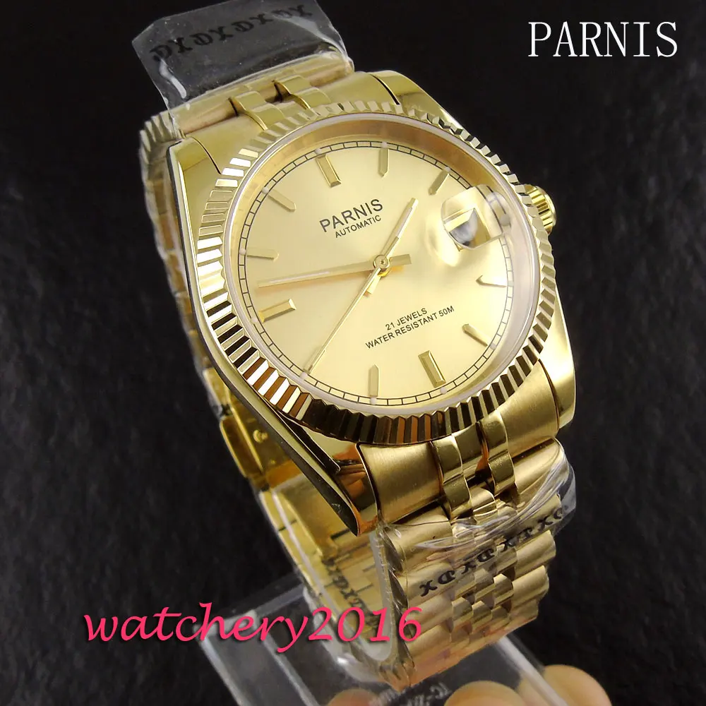 36mm Parins golden dial sapphire glass date adjust 21 jewels miyota automatic movement Men's watch | Наручные часы