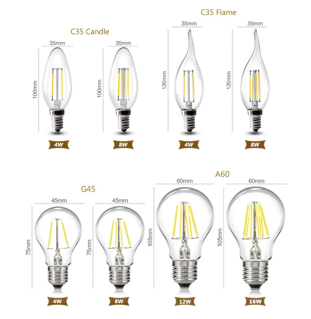 G45 A60 4 Вт 8 Вт 12 Вт 16 Вт светодиодный ламп накаливания Светильник E27 лампада светодиодный 220 В 110 В ампулы светодиодный лампы C35 ST64 E14 Античная электрическая лампочка эдисона лампа в форме свечи