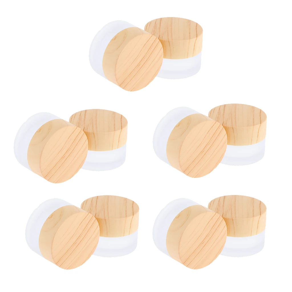 Set of 10, 5g Environmental Wood Texture Lids Frosted Glass Bottles Cream Jars Empty Cosmetic Comtainers w/ Inner Linners