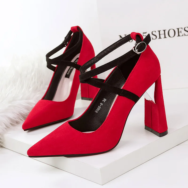 

Pumps Women Shoes Red Flock Slip-On Shallow Wedding Party 10CM Thick Heels Pointed Toe High Heels Pump Chaussures Femme