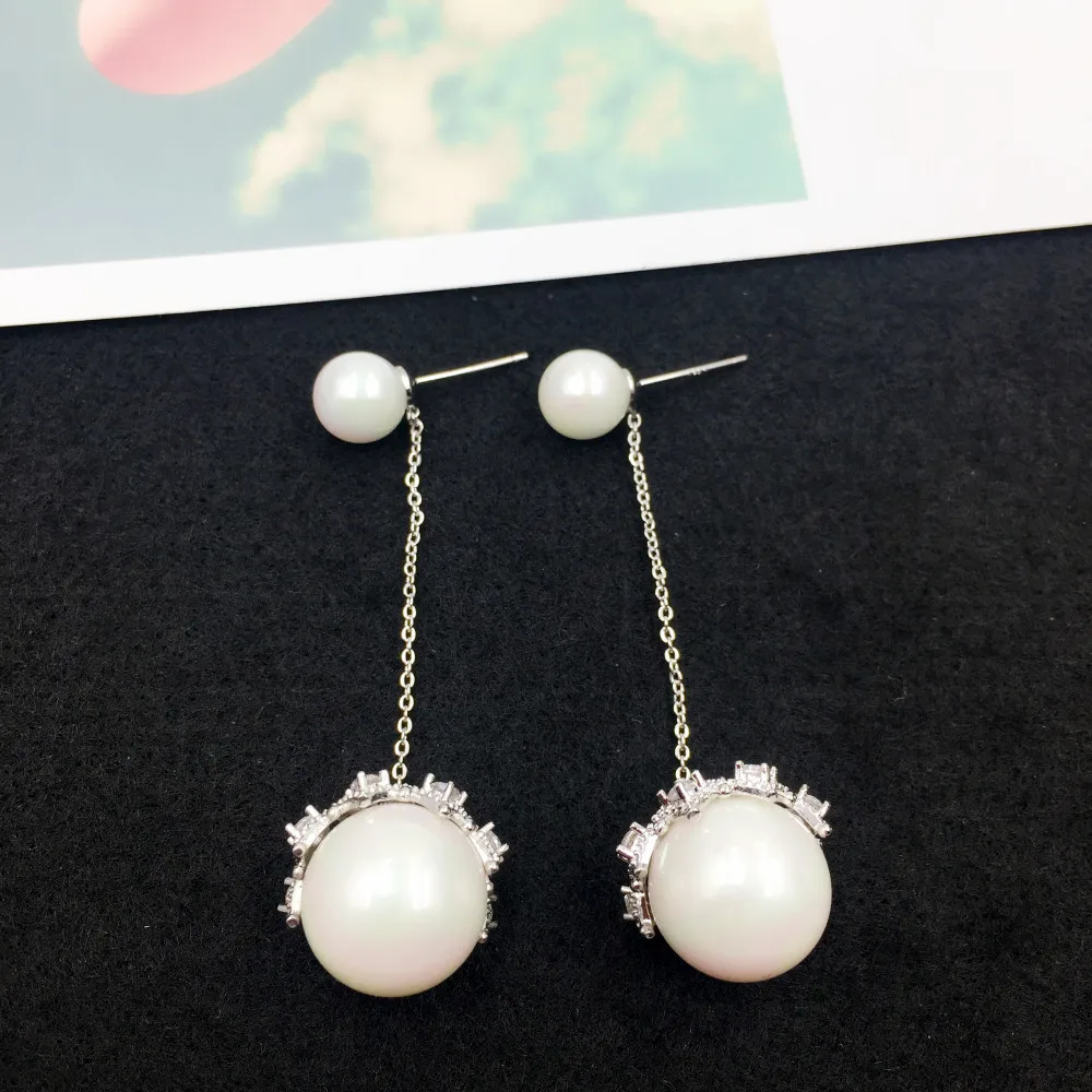 

925 Silver Needle Simulated Pearl Long Earrings Women Statement Trendy Elegant Zircon Drop Earrings for Wedding Party Jewelry