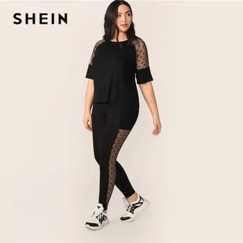

SHEIN Plus Size Black Star Mesh Insert Sleeve Top And Leggings Set 2019 Women Spring Sheer Half Raglan Sleeve Stretchy Two Piece