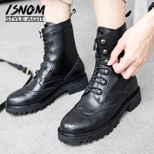 ISNOM Motorcycle Boots Women Mid-Calf Military Boot Round Toe Neutral Brogue Shoes Female Cross Tied Rivet Casual Shoes Ladies