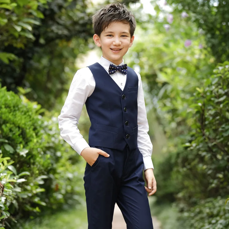 Новые торжественные костюмы для мальчиков Детская жилетка и штаны, рубашка с бабочкой, 4 предмета, костюм для свадебной вечеринки для выступлений Детский Костюм Принца для сцены - Цвет: navy 4pcs